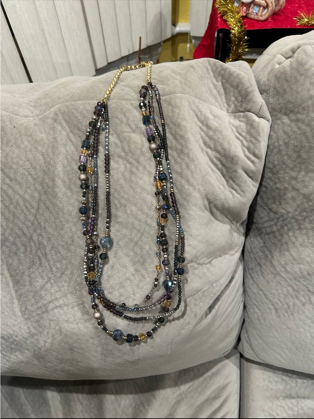 Multi Strand Beaded Necklace, Blue/Gold, Handmade 4 Strand Statement Piece